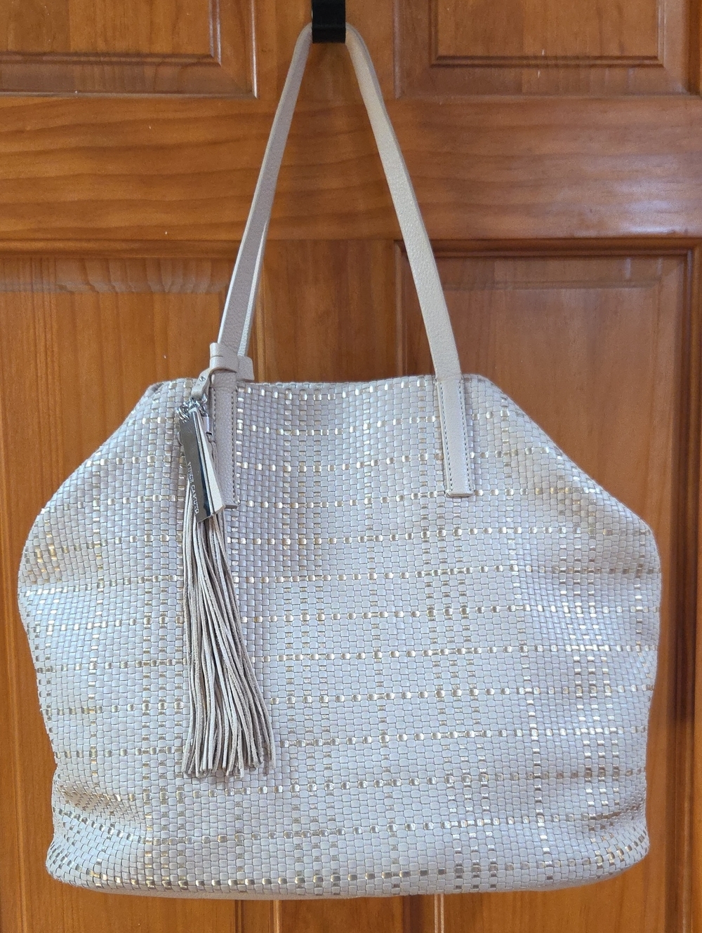 Vince Camuto Cream Tote with Metallic Threading and Tassel